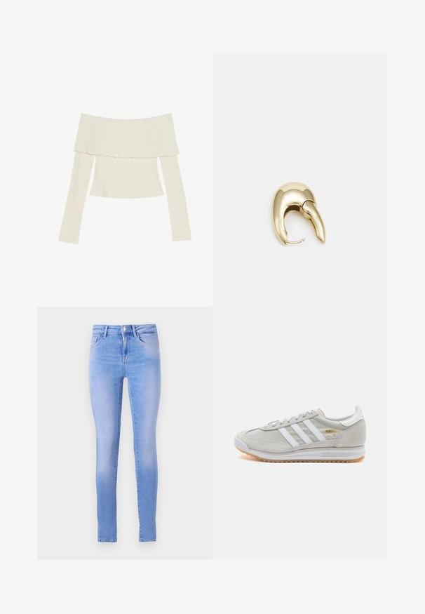 Avslag på skuldrene ribbet topp i kremfarge, med en volang-hals og lange ermer som har en tettsittende silhuett. Generelt glatt tekstur.; Lys blå skinny jeans med en falmet vask, med fem-lommers design, front knappelukking og en ren kant.; Lys grå sneaker laget av semsket skinn og mesh, med tre hvite striper, rund tå og såle av gummi. Gull logo-aksent nær snørebåndene.; Gullfarget metalløredobber med et elegant, buet design. Har en karakteristisk spiss form, polert overflate og hengsel-lukking.