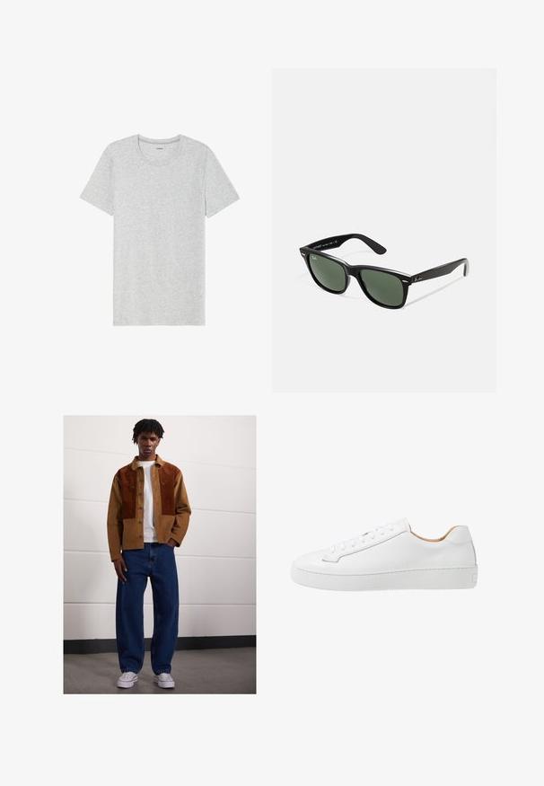 Graues kurzärmliges T-Shirt aus einem weichen, leichten Stoff. Gerader Saum, klassisches Rundhalsausschnitt-Design und dezente Melange-Textur.; Mann steht drinnen und trägt eine braune Cordjacke mit Rostflecken, ein weißes T-Shirt, lockere blaue Jeans und weiße Sneakers.; Weiße Ledersneaker mit glatter Oberfläche, abgerundeter Zehenpartie, flachem Schnürdesign und einer dicken Gummisohle mit strukturiertem Grip-Muster.; Schwarze Plastiksonnenbrille mit grünen Gläsern, quadratischen Rahmen, silbernem Akzent auf der Augenbraue und strukturierten Bügeln. Angegebene Marke auf dem inneren Bügel.