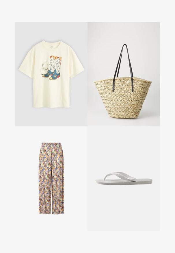 Valkoinen puuvillapaita, jossa on graafinen kuva cowboy-kengistä ja hatusta. Kengät ovat siniset keltaisilla yksityiskohdilla ja valkoisella koristelulla.; Kuvioitu leveälahkeinen housut, joissa on kuminauhavyötärö. Värit sisältävät keltaisen, purppuran, sinisen ja vihreän roiskesuunnittelussa.; Valkoinen varvastossu, jossa on teksturoitu pohja ja kaksi ohutta remmiä. Remmit ovat sileät ja niissä on hienovarainen brändäys. Ei kuvioita tai lisäkoristeluja.; Kudottu oljetta oleva käsilaukku, jossa on leveä, kapeneva muoto ja kaksi mustaa nahkahihnaa. Luonnollinen beige väri, joka on teksturoidulla pinnalla.