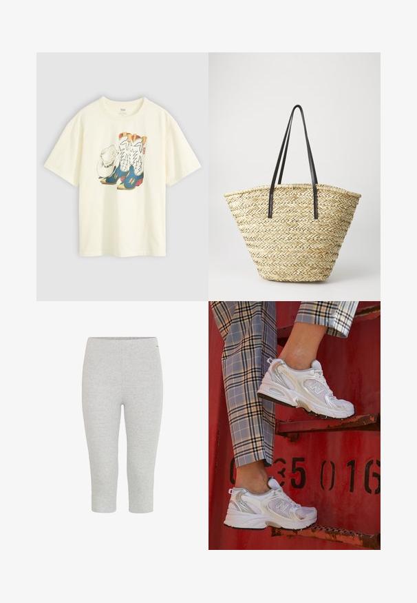 Witte katoenen t-shirt met een afbeelding van cowboylaarzen en een hoed. De laarzen zijn blauw met gele accenten en witte details.; Grijze rekbare capri-leggings met een gladde textuur en een elastische tailleband, met een aansluitend ontwerp en zonder zichtbare patronen of accenten.; Witte mesh sneakers met zilveren accenten en een gestructureerde zool, gepositioneerd op een rode ondergrond, gecombineerd met gestreepte broek.; Gevlochten stro tote bag met een brede, taps toelopende vorm, voorzien van twee zwarte leren handvaten. Natuurlijke beige kleur met een gestructureerd oppervlak.