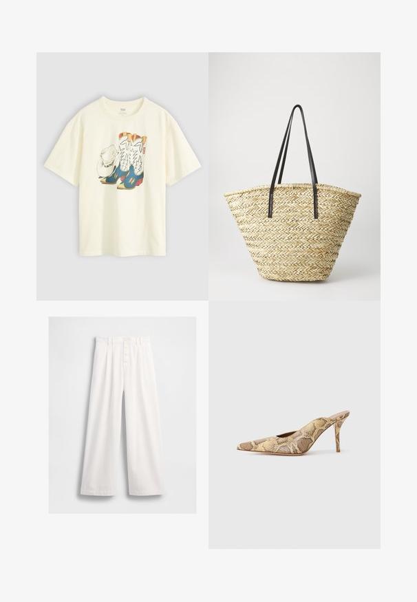 Biela bavlnená tričko s grafikou kovbojských topánok a klobúka. Topánky sú modré s žltými akcentmi a bielym detailom.; Biele široké nohavice vyrobené z hladkej látky, s vysokým pásom, viditeľným predným zapínaním na gombík a úhľadným šitím pozdĺž lemov.; Sandy s lodičkách s ostrou špičkou a popruhom na päte v textúrovanom hadom vzore s béžovými a hnedými odtieňmi; obsahujú ihlový podpätok a výrezové strany.; Tkaná slamenná taška s širokým, zužujúcim sa tvarom, vybavená dvojicou čiernych kožených rúčok. Prírodná béžová farba s textúrovaným povrchom.