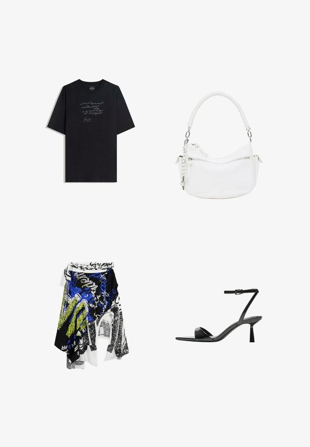Sort bomulds T-shirt med korte ærmer, prydet med hvid håndskrevet tekstdesign på fronten. Rund hals, afslappet pasform, glat tekstur.; Desigual ASYMMETRIC - Maxinederdele - black; Bershka Højhælede sandaletter / Højhælede sandaler - black; Hvid faux læder håndtaske med en buet form, struktureret håndtag, sølv hardware og en lynlåslomme. Har et præget logo.