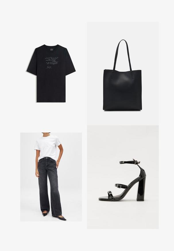 Black cotton t-shirt with short sleeves, featuring white handwritten text design on front. Crew neck, relaxed fit, smooth texture.; Black wide-leg jeans with a high waist, five pockets, and subtle whiskering. Paired with a plain white t-shirt and black pointed flats.; Black patent heeled sandals with a square toe, ankle straps, and silver buckles. Features a chunky block heel for stability.; Black leather tote bag with smooth texture, rectangular shape, and two long handles. No visible hardware or embellishments.