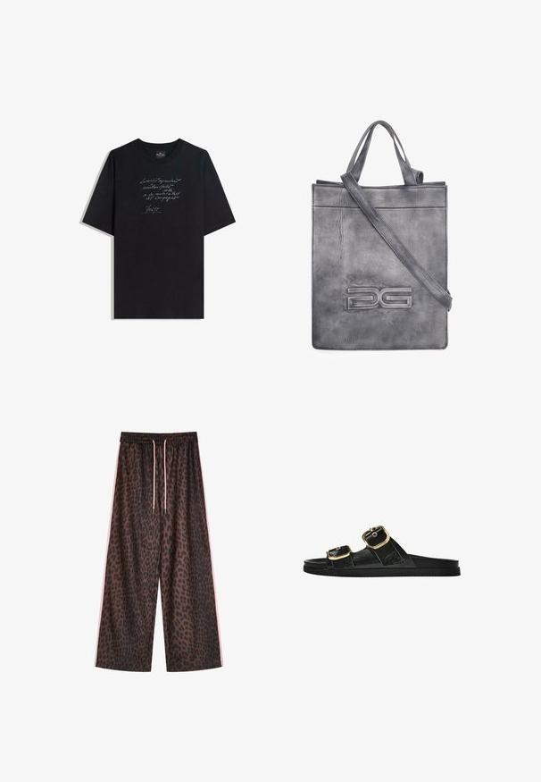 Zwarte katoenen t-shirt met korte mouwen, met een ontwerp van wit handgeschreven tekst op de voorkant. Ronde hals, relaxte pasvorm, gladde textuur.; Luipaardprint wijde broek in bruin en zwart, met een elastische tailleband met roze trekkoorden en zijkanten met roze strepen. Glad stofmateriaal.; Zwarte slipper met twee gouden gesps, gladde textuur, platte zool en een minimalistisch ontwerp.; Grijze leren handtas met twee handvatten en een afneembare schouderband. Heeft een gestructureerd oppervlak en een geperst logo aan de voorkant.