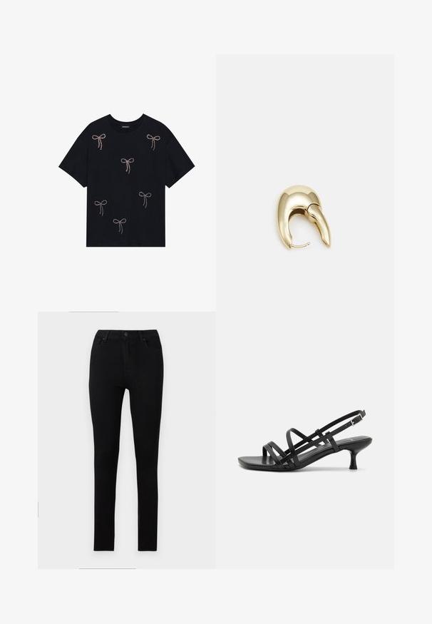 Melna kokvilnas t-kreklu ar vairākiem strazdu rotātiem loku dizainiem priekšpusē. Ar apļa kaklu un īsām piedurknēm.; Melnas plānas džinsus, kas izgatavoti no elastīga denima. Iespējas ietver rāvējslēdzēju un piecus kabatas ar gludu, viendabīgu tekstūru un bez redzamām rakstu ainām.; Melni papēžu sandales ar vairākiem krustveida siksnām. Gluda materiāla, norādīta purngala un šaura papēža. Regulējama potītes siksna ar sprādzīti.; Zeltīti metāla auskari ar gludu, izliekta dizaina. Ar atšķirīgu smailu formu, pulētu virsmu un eņģu aizdari.