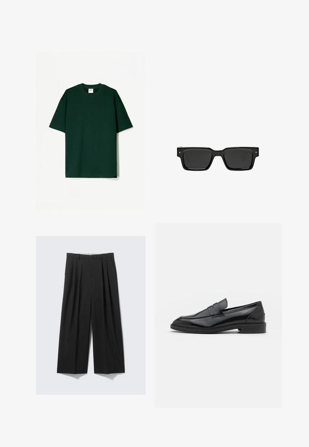 Tmavě zelené tričko s krátkým rukávem vyrobené z hladkého bavlněného materiálu, s kulatým výstřihem a rovným, volným střihem.; Černé kalhoty s širokými nohavicemi, plisováním, zapínáním na knoflík a poutky na pásek, vystavené na neutrálním pozadí.; Černé kožené mokasíny s hladkým povrchem, s kulatou špičkou a úzkým páskem přes svršek. Nízký vrstvený podpatek.; Černé obdélníkové sluneční brýle s tmavými skly, lesklým plastovým rámem a malými podpisovými prvky na spáncích. Plný profil a ostré rohy.