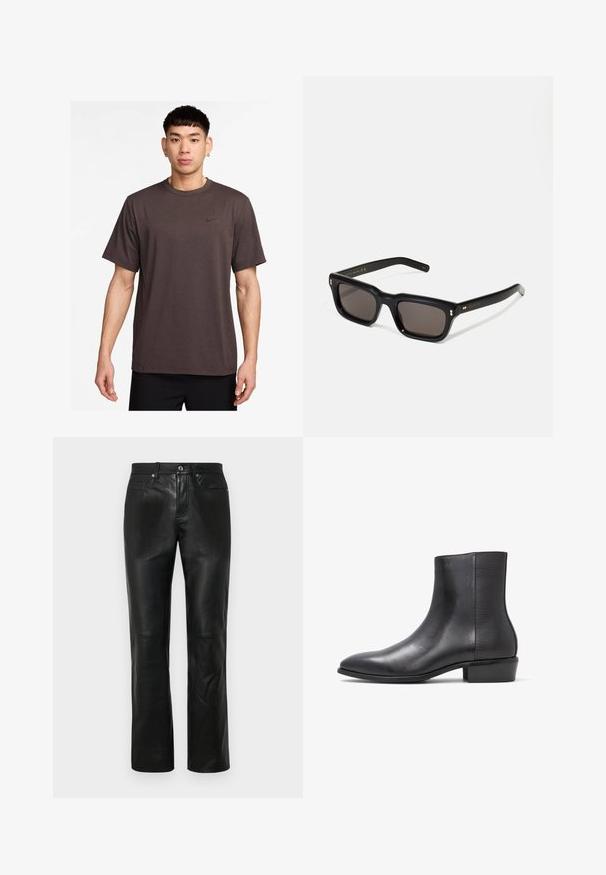 Donkerbruin T-shirt met korte mouwen en een ronde halslijn, voorzien van een zwart Nike-logo op de borst. Lichtgewicht stof met een gladde textuur.; Zwarte leren broek met een recht model, voorzien van een knoopsluiting, vier zakken en een gladde textuur. Versterkte stiksels zichtbaar.; ALDO PILLOWWALK+FLEX INSIDE ZIP AMUR - Lage laarzen - open black; Zwarte rechthoekige zonnebril met donkere lenzen, een dik plastic montuur, gouden accenten op de veren en het merkembleem gegraveerd op de arm.; Zwarte leren schoudertas met een gestructureerd oppervlak, klepopening en verstelbare schouderriem. Kenmerkt zich door een zilveren reliëf van het "MARNI" logo.