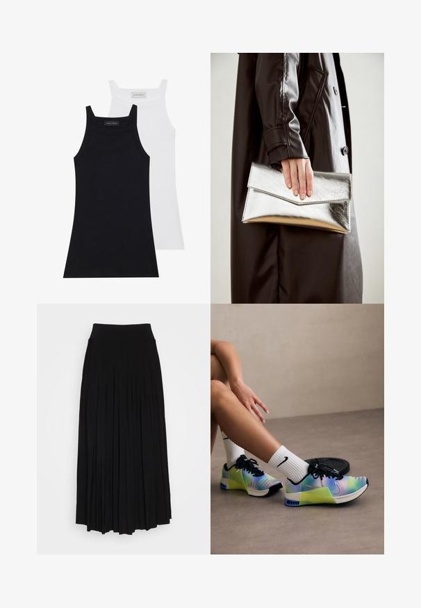 To stropper uten ermer i svart og hvitt. Laget av myk, elastisk stoff med ribbestruktur og en tettsittende design. Har smale stropper.; Svart plissert skjørt med høy, elastisk midje. Laget av myk stoff, med vertikale folder for en flytende silhuett.; Flerfarget sporty sko med en gradientdesign som går fra blå til grønn, med svarte snørebånd og et fremtredende Nike-svung.; Sølv metallisk clutch med et vinklet konvoluttdesign, glatt tekstur og kontrastfarge på innsiden, holdt i en hånd iført en svart kåpe.