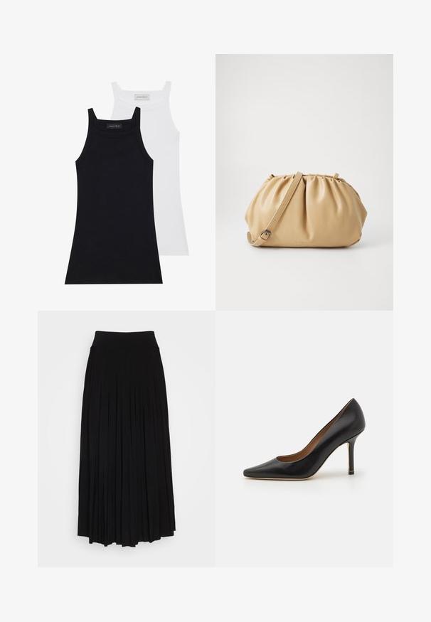 Dve tielka bez rukávov v čiernej a bielej farbe. Vyrobené z jemného, elastického materiálu s rebrovým vzorom a priliehavým strihom. S úzkymi ramienkami.; Čierna plisovaná sukňa s vysokým, elastickým pásom. Vyrobená z mäkkej látky, pričom má vertikálne plisovanie pre plynulý siluetu.; Čierne kožené lodičky na vysokom opätku s špicatou špičkou, hladkým povrchom a štíhlym stiletto opätkom. Obsahujú nenápadný zlatý akcent blízko základne opätka.; Hnedá kožená kabelka s plisovaným dizajnom, nastaviteľným popruhom a zaobleným tvarom. Minimalistické logo na prednej strane.