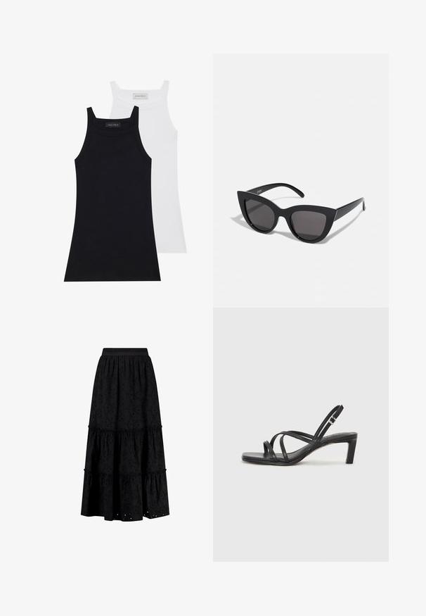 Two sleeveless tops in black and white. Made of soft, stretchy fabric with a ribbed texture and a fitted design. Features narrow straps.; Shiwi GIGI EMBRODERIE - Maxi skirt - broderie black; Black strappy sandal with a square toe and a low block heel. Features multiple thin straps and an adjustable ankle strap. Made of smooth leather.; Black cat-eye sunglasses with a matte finish, featuring gray tinted lenses, sharp angles, and sleek side arms. Brand name visible on the inner arm.; Black leather tote bag with smooth texture, structured shape, two handles, and a prominent silver buckle detail on the front.