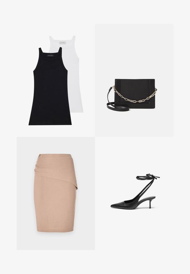 Duas blusas sem mangas em preto e branco. Feitas de um tecido macio e elástico com uma textura em costelas e um design justo. Apresentam alças finas.; Saia lápis em beje, até ao joelho, feita de tecido canelado, com um design drapeado na frente e um detalhe em zíper prateado de lado. Textura suave.; Shoe stileto de couro preto com bico fino, parte traseira aberta e tiras de tornozelo atadas em um laço. Salto fino de 7,5 cm. Textura suave, design minimalista.; Bolsa crossbody de couro preto com uma textura suave, forma retangular e um detalhe em corrente metálica na frente. Inclui uma alça ajustável.