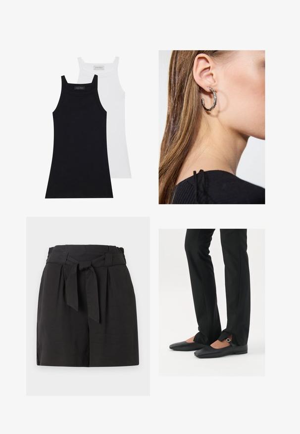 Dwie bezrękawniki w kolorze czarnym i białym. Wykonane z miękkiego, elastycznego materiału o prążkowanej fakturze i dopasowanym kroju. Posiadają cienkie ramiączka.; Czarne szorty z podwiniętym pasem i detalem w postaci związania. Wykonane z gładkiego materiału, z dopasowanym krojem i bocznym rozcięciem dla komfortu.; Czarne skórzane baletki z ostro zakończonym noskiem, paskiem z srebrną klamrą, w połączeniu z czarnymi spodniami o dopasowanym kroju z rozcięciem u dołu.; Srebrny kolczyk w kształcie koła z polerowanym wykończeniem, z małymi złotymi akcentami, noszony na płatku ucha.