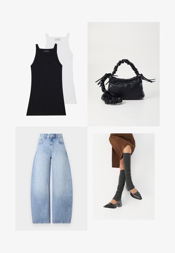Two sleeveless tops in black and white. Made of soft, stretchy fabric with a ribbed texture and a fitted design. Features narrow straps.; Light blue, wide-leg jeans made of denim. High waist design with five pockets and a button closure. Clean finish with no visible patterns.; Black patent leather pointed-toe shoes with a block heel and ankle strap, paired with gray ribbed leg warmers and a brown suede skirt.; Black faux leather handbag with a crocodile texture, cinched top, and a scrunched strap. Appears soft and compact in design.