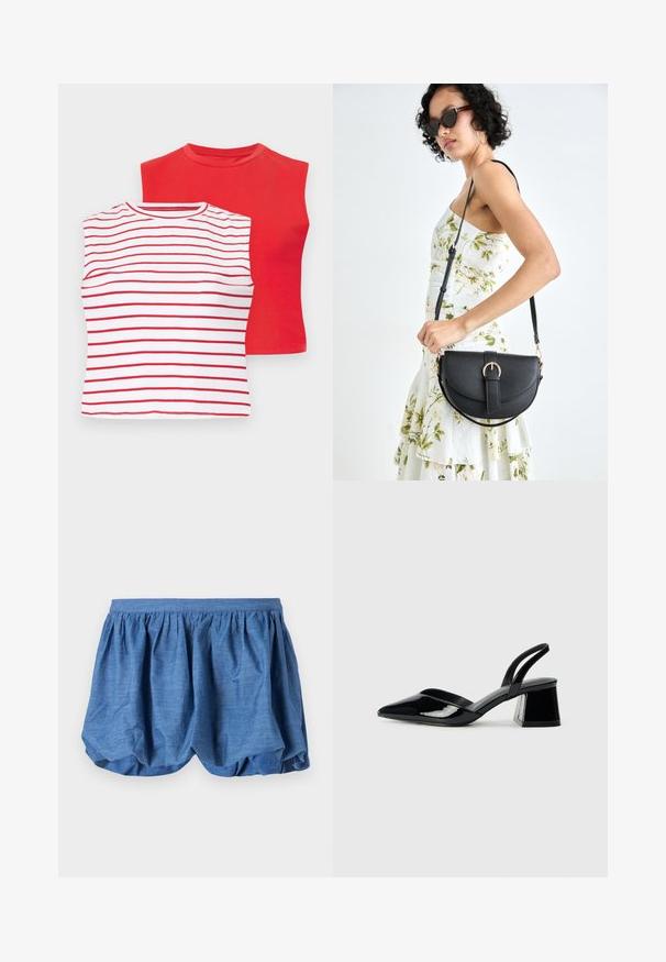 Két rövid ujjú felső: egy piros egyszínű és egy fehér vízszintes piros csíkos. Mindkettő kerek nyakkivágású és puha pamut anyagú.; Kék, könnyű rövidnadrág ráncolt, gumis derékkal és légies, texturált mintázattal. Puha, szövet hatású és laza szabású.; Fekete lakk bőr szandálkés magas sarkú cipő, hegyes orral és geometrikus tömbsarkakkal. Karcsú, minimalista dizájn és sima textúra jellemzi.; Fekete bőrtáska ívelt formával, levehető pánttal és arany színű fémrészekkel. A táskán egy csattal díszített fedél található.