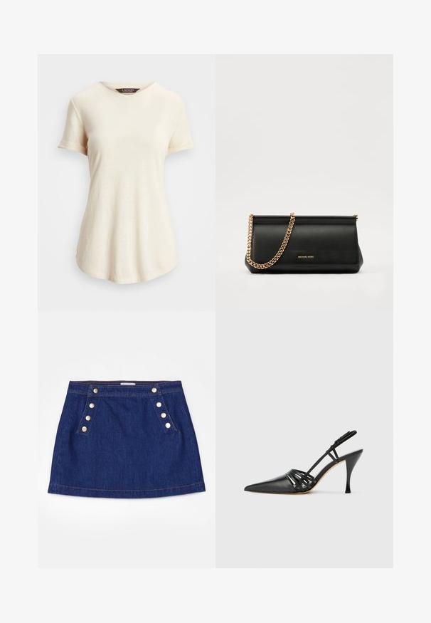 Krém színű, rövid ujjú póló kerek nyakkivágással. Puha tapintású és laza szabású, felgöndörített ujjak és enyhén ívelt szegély jellemzi.; FRAME SAILOR SNAP SKIRT - Farmerszoknya - celestine; Fekete bőr magassarkú slingback cipő, hegyes orral, keresztbe fonott pántos dizájnnal és vékony tűs sarkakkal. Sima felület és minimális díszítés.; Fekete bőr kisméretű táska arany lánccal, sima felülettel, téglalap alakú, és dombornyomott márkázással az elején.