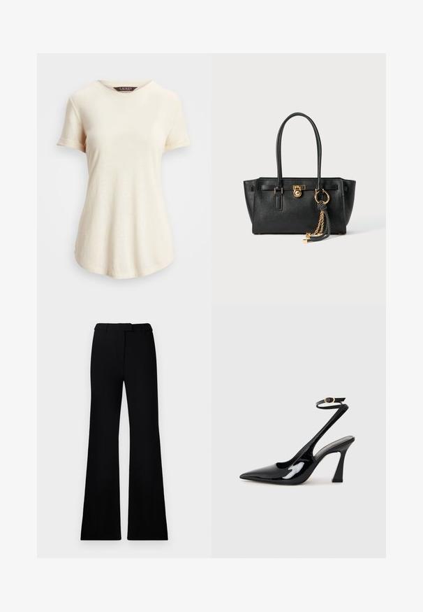 Tricou de culoare crem cu mânecă scurtă și guler rotund. Textură moale și croială lejeră, cu manșete rulate și o margine ușor curbată.; Pantaloni negri evazați, cu o textură netedă, talie ajustată și buzunare frontale, proiectați cu o siluetă modernă, elegantă.; Sandale cu toc înalt din piele patent neagră, cu vârf ascuțit, curea ajustabilă la gleznă și toc mediu pătrat. Textură netedă cu un finisaj lucios.; Geantă de mână din piele neagră cu mânere duble, lacăt aurit și detalii cu lanț, împreună cu un accesoriu cu ciucuri alb-negru, pe fond alb.