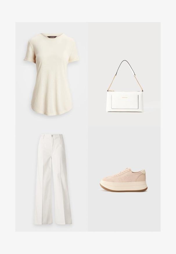 Krēma krāsas T-krekls ar īsām piedurknēm un apaļu kakla izgriezumu. Mīksta tekstūra un brīvs piegriezums, ar sarullētām piedurknēm un nedaudz noapaļotu apakšmalu.; Baltas platfita bikses, izgatavotas no kokvilnas ar gludu tekstūru. Aprīkotas ar priekšējo pogu, rāvējslēdzēju un četru kabatu dizainu.; Rozā zamšādas tenisa apavi ar noapaļotu purngalu, saites priekšpusi un platformas zoli. Iespējas ar teksturētām akcentiem un kontrastējošu krēma krāsas papēžcilpu.; Baltā ādas rokassomu ar teksturētu apdari, ar zelta ķēdes siksnu un melniem akcentiem. Iekļauj priekšējo kabatu un aizdari ar rāvējslēdzēju.