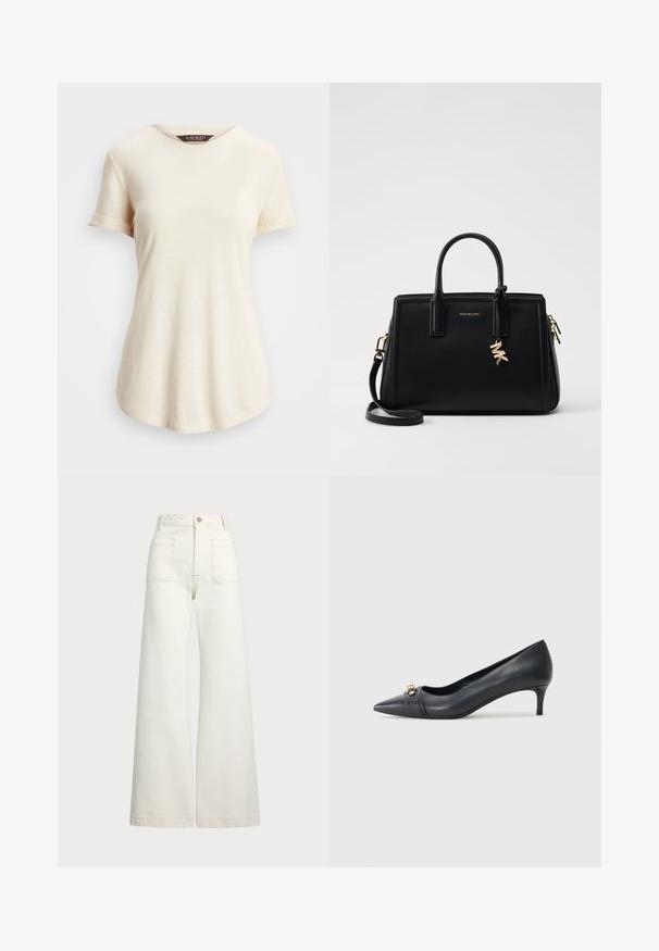 Krém színű, rövid ujjú póló kerek nyakkivágással. Puha tapintású és laza szabású, felgöndörített ujjak és enyhén ívelt szegély jellemzi.; Széles szárú farmernadrág off-white denim anyagból. Magas derekú dizájn, gombos záródással, két elülső zsebbel és kontrasztos varrási részletekkel.; Fokozott orrú fekete bőr magassarkú cipő, alacsony sarokkal, textúrált pánttal és fényes díszítéssel az elején. Simára csiszolt felület és elegáns dizájn.; Fekete bőr kézitáska strukturált dizájnnal, dupla felső fogantyúkkal, levehető vállpánttal, arany színű fémrészletekkel és logómedál díszítéssel.