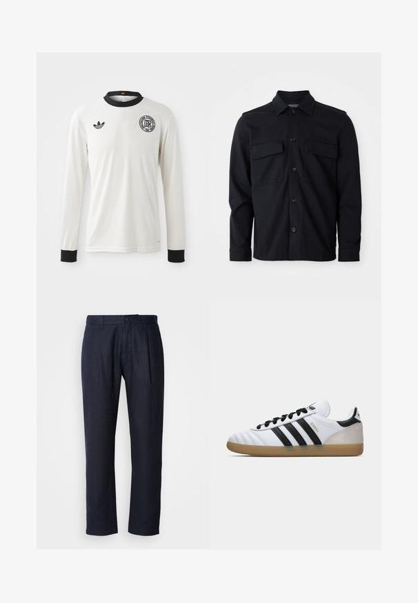 Hvit langermet fotballdrakt med rillet tekstur, svart krage og mansjetter, med svart Adidas-logo og sirkulært grafisk emblem.; Svart langermet skjortejakke med krage, frontlukking med knapper og to brystlommer mot en enkel hvit bakgrunn.; Mørk marineblå linbukser med frontfold, linning med belteballer og en enkel knappelukking.; Hvit Adidas Samba sneakers med svarte striper, svarte snøring, beige suedhelt og gummisåle, vist i venstre sideprofil.