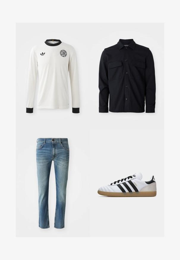 Hvid fodboldtrøje med lange ærmer og ribbet tekstur, sort krave og manchetter, med sort Adidas-logo og cirkulært grafisk emblem.; Sort langærmet skjortejakke med krave, frontknaplukning og to brystlommer på en ensfarvet hvid baggrund.; Lysblå denim jeans med lige pasform, let slidte ben, fem-lomme design og knaplukning i taljen.; Hvide Adidas Samba sneakers med sorte striber, sorte snørebånd, beige suede hæl og gummigummisål, vist i venstre sideprofil.