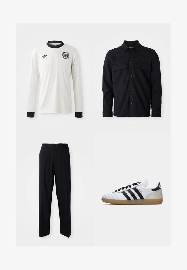 Bela dolga majica za nogomet z ribasto teksturo, črnimi ovratnikom in manšetami, z črnim logotipom Adidas in krožno grafično emblem.; Črna jakna s dolgimi rokavi in ovratnikom, sprednje zapiranje na gumb in dve žepi s poklopcem na prsih, na enobarvni beli podlagi.; Črne hlače ravnega kroja z zankami za pas, gumbom za zapiranje in elegantnim, minimalističnim dizajnom na nevtralni podlagi.; Bele športne copate Adidas Samba v beli barvi z črnimi črtami, črnimi vezalkami, bež semiš peto in gumijastim podplatom, prikazani v levem bočnem profilu.