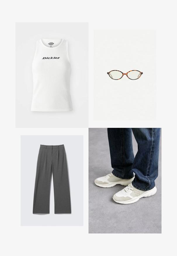 Biela rebrovaná tank topka s okrúhlym výstrihom a bezrukávovým dizajnom, s nápisom "Dickies" čiernym písmom cez hruď.; Šedé pruhované nohavice so širokými nohavicami, s prednými záhybmi a pútkami na opasok, položené na bielom pozadí.; Tenisky v svetlošedej a jemne béžovej sieťovine s nubukovými akcentmi. Majú šnurovací dizajn a hrubú bielu gumovú podrážku. Nosené s modrými džínsami.; Korytnačkové okuliare s oválnymi šošovkami a hladkým, lesklým povrchom. Majú tenké strany s jemným zakrivením na spánkoch. Priehľadné šošovky.; Červená kožená taška cez rameno s zakriveným dizajnom, hladkou textúrou a zipsovým uzáverom. Obsahuje tenký popruh na nosenie.