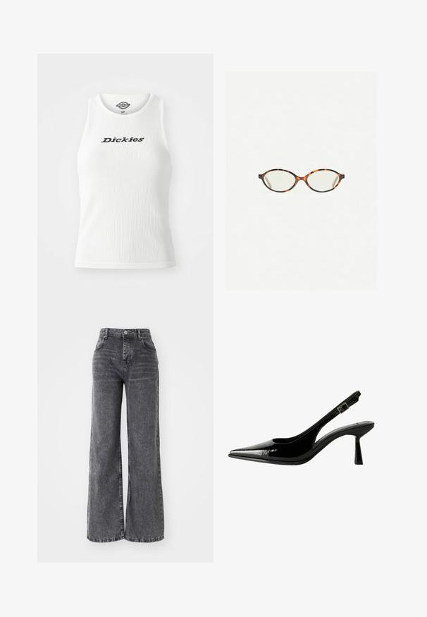 Biela rebrovaná tank topka s okrúhlym výstrihom a bezrukávovým dizajnom, s nápisom "Dickies" čiernym písmom cez hruď.; Široké šedé denimové nohavice s vysokým pásom, obsahujúce tradičný päť vreckový štýl a jemný vyblednutý povrch.; Čierne lakované kožené slingback lodičky s špicatou špičkou, vyrezávanými bokmi, nastaviteľným remienkom okolo členka a tenkým, elegantným podpätkom.; Korytnačkové okuliare s oválnymi šošovkami a hladkým, lesklým povrchom. Majú tenké strany s jemným zakrivením na spánkoch. Priehľadné šošovky.; Červená kožená taška cez rameno s zakriveným dizajnom, hladkou textúrou a zipsovým uzáverom. Obsahuje tenký popruh na nosenie.