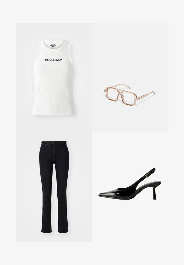 Valkoiset ribatut topit, joissa on pyöreä kaula-aukko ja hihaton muotoilu. Rinnan kohdalla mustalla letteringillä "Dickies".; Mustat korkeavyötäröiset farkut, joissa on kapea malli, valmistettu denimistä, varustettu nappikiinnityksellä, vyölenkeillä ja hillityillä ompeluyksityiskohdilla.; Musta lakattu nahkasaapas, jossa on teräväkärkinen malli, leikattuja sivuja, säädettävä nilkkain ja ohut, virtaviivainen korko.; Laseet läpinäkyvät kuusikulmaiset aurinkolasit vaaleanruskeilla sävyillä; paksut, kirkkaat kehykset ja kapeat varret; ei näkyviä logoja tai kuvioita.; Punokas nahkainen olkalaukku, jossa on kaareva muotoilu, sileä pinta ja vetoketjuluukku. Laukussa on ohut kantohihna.