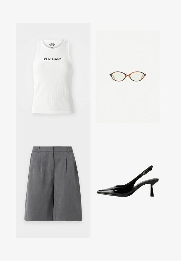 Canotta bianca a costine con scollatura rotonda e design senza maniche, con la scritta "Dickies" in lettere nere sul petto.; Pantaloni shorts grigi su misura con fronte piatto, pince e tasche laterali. Realizzati in tessuto leggero, presentano una texture liscia e una linea dritta.; Pumps slingback in vernice nera con punta affilata, lati sagomati, cinturino alla caviglia regolabile e tacco sottile e slanciato.; Occhiali in tartaruga con lenti ovali e una finitura liscia e elegante. Presentano aste sottili con una leggera curva alle tempie. Lenti trasparenti.; Borsa a spalla in pelle rossa con un design curvo, texture liscia e chiusura con zip. Presenta un manico sottile per il trasporto.