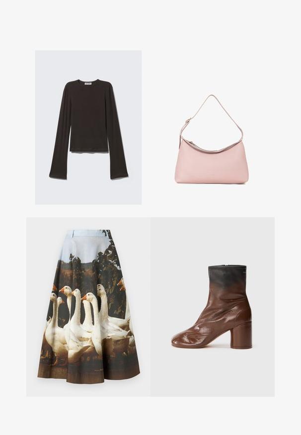 Mørkegrå langærmet skjorte lavet af blødt stof. Har en rund halsudskæring, tætsiddende liv og udvidede ærmer med en glat tekstur.; MOSCHINO SKIRT - A-snit nederdel - multi coloured; Brun læder ankelstøvle med rund tå, med en tekstureret overflade, en sort øverste del og en kraftig hæl. Lynlåslukning bagpå.; Miriade MALILLA - Håndtasker - viola