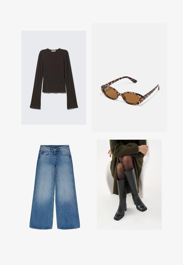 Mørkegrå langærmet skjorte lavet af blødt stof. Har en rund halsudskæring, tætsiddende liv og udvidede ærmer med en glat tekstur.; Bredde ben blå denim jeans med en falmet vask. Har robuste lommer, høj talje og en klassisk knap- og lynlåslukning.; Knæhøje sorte læder støvler med firkantet tå og blokhæl, vist med en model siddende i en olivengrøn frakke. Glat tekstur, minimal detaljer.; Skildpaddemønstrede solbriller med ovale linser, brunt farvetone, tynde stænger med et struktureret mønster, letvægts plastisk ramme.