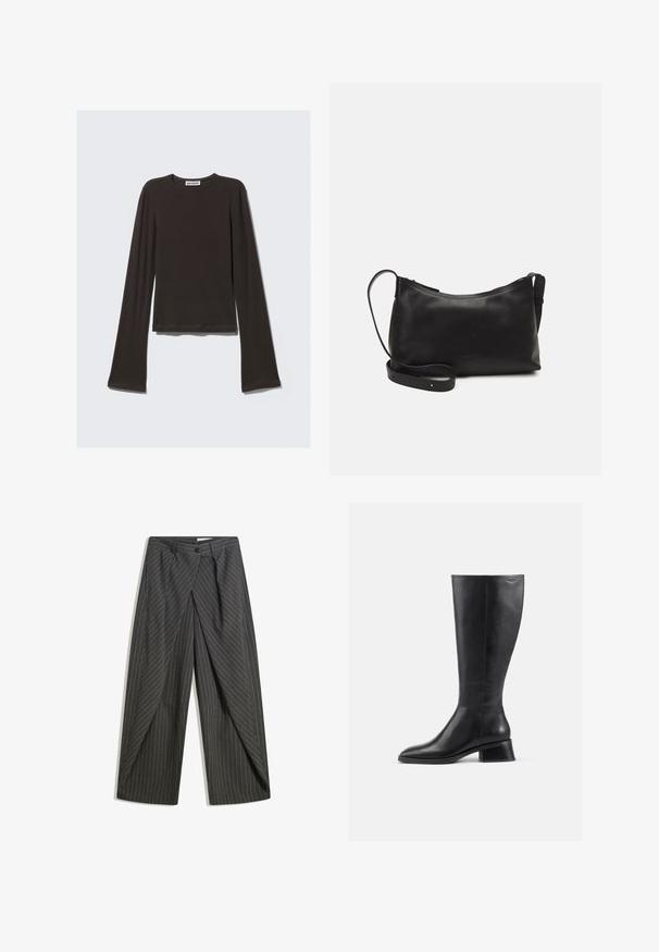 Sötét szürke, hosszú ujjú póló, puha anyagból készült. Kerek nyakkivágása, testhezálló fazonja és sima textúrájú, harangformájú ujja van.; Szürke csíkozott nadrág laza fitten, egygombos záródással, redőkkel és széles lábvágással.; Térd fölé érő fekete bőr csizma lekerekített orral és alacsony, blokk sarkú. Simára csiszolt textúrával és minimális varrási részletekkel rendelkezik.; Fekete bőr válltáska sima felülettel, ívelt formával, állítható pánttal és cipzáras záródással. Minimalista dizájn díszítmények nélkül.