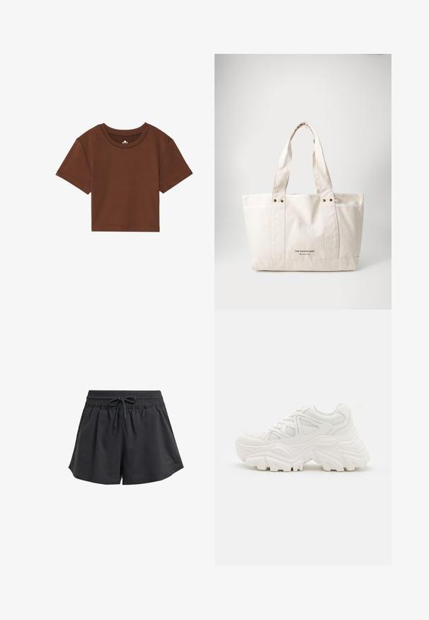 Brūna īsa T-krekla, apaļa kakla izgriezuma, ar īsām piedurknēm un gludu auduma tekstūru. Kakla izgriezumā ir neliels zīmola elements.; Melnas sporta bikses ar elastīgu jostu, iekšējo auklu un sānu spriegumiem. Izgatavotas no gluda, viegla auduma.; Baltas masīvkājas sporta apavi ar strukturētu virsu, sieta paneļiem un biezu gumijas zoli ar izteiktu protektora rakstu. Iekļautas auklas un cilpa uzvilkšanai.; Gaišbēšā krāsā auduma soma ar divām izturīgām rokturiem, kontrastējošu balto apdari un melno logotipu "THE NORTH FACE" priekšpusē.