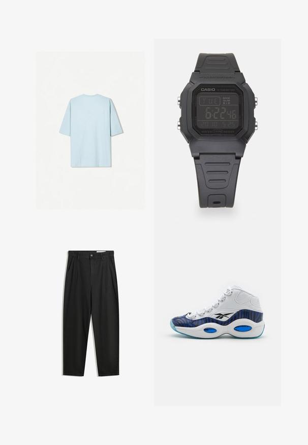 Světle modré bavlněné tričko s kulatým výstřihem, krátkými rukávy a jednoduchým zadním designem se malým horizontálním švem.; Černé bavlněné kalhoty s uvolněným střihem, klasickým pasem, předními záhyby a bočními kapsami. Hladká textura bez vzorů.; Vysoké sportovní boty s bílou koženou svrchní částí, modro-černým zebrovým designem, se světle modrou průhlednou podešví.; Digitální hodinky s obdélníkovým černým plastovým pouzdrem, LCD displej ukazující čas, datum a alarm, a strukturovaný černý gumový pásek. Vodotěsné do 100 metrů.