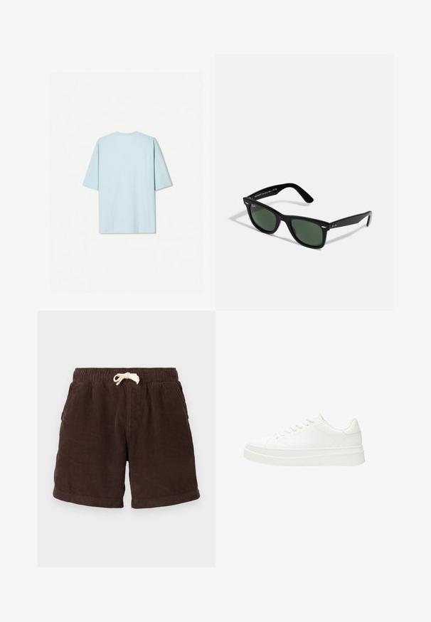 T-shirt in cotone azzurro chiaro con scollatura rotonda, maniche corte e un design sul retro semplice che presenta un piccolo dettaglio della cucitura orizzontale.; Shorts in velluto a coste marrone con vita elastica, chiusura con cordino e tasche laterali. Il tessuto presenta rigature verticali e una finitura testurizzata.; Sneaker bianco con tomaia in pelle liscia, lacci piatti e suola in gomma spessa. Il design minimalista presenta cuciture sottili e dettagli senza giunture.; Ray-Ban WAYFARER UNISEX - Occhiali da sole - black