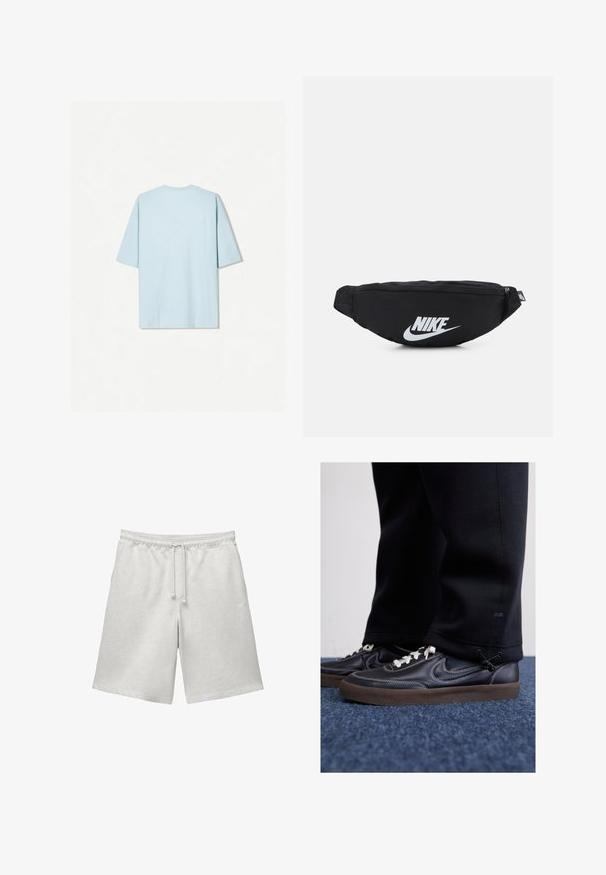 Jasnoniebieska bawełniana koszulka z okrągłym dekoltem, krótkimi rękawami i prostym tyłem z małym poziomym szwem.; Jasnoszare bawełniane szorty z elastycznym pasem i sznurkiem. Posiadają luźny krój oraz gładki design bez dodatkowych wzorów czy akcentów.; Nike Sportswear KILLSHOT czarny; Czarna nylonowa nerka z zamkiem błyskawicznym, z dużym białym logo Nike. Gładka tekstura i ergonomiczny design dla komfortowego noszenia.
