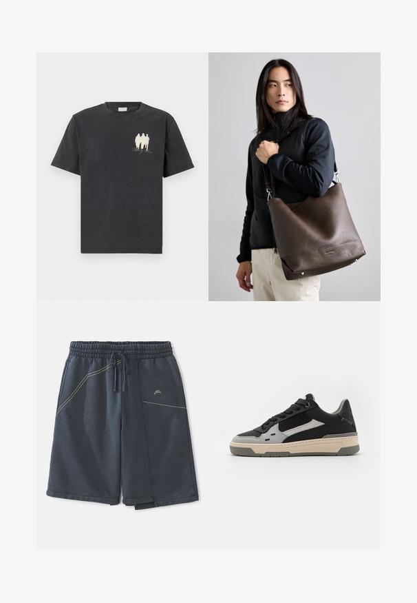 Camiseta de algodón negra con mangas cortas, que presenta un pequeño gráfico blanco de tres figuras y el texto "Falling Roses" en el lado izquierdo.; Pantalones cortos gris oscuro hechos de una mezcla de algodón, con cinturilla elástica, cordón ajustable, bolsillos laterales y acentos de costura amarilla.; Zapatillas que presentan paneles en negro y gris, malla texturada, cuero suave y una suela de goma color crema con un diseño minimalista.; Bolso de hombro de cuero marrón con un diseño holgado, superficie texturizada, acentos de metal plateado y tachuelas laterales, llevado con una correa desmontable.