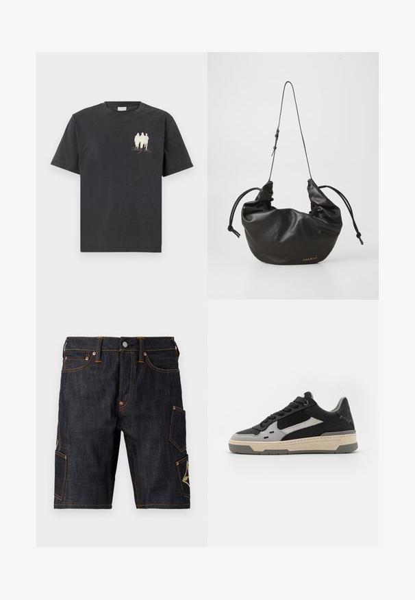 T-shirt in cotone nero con maniche corte, caratterizzato da una piccola grafica bianca di tre figure e il testo "Falling Roses" sul lato sinistro.; Pantaloni corti in denim scuro con taglio dritto, caratterizzati da cuciture arancioni a contrasto, cinque tasche e una tasca cargo con un emblema.; Sneakers con pannelli neri e grigi, rete testurizzata, pelle liscia e una suola in gomma crema dal design minimalista.; Borsa a spalla nera in morbida pelle con tracolla sottile regolabile, lati arricciati legati con nodi e piccolo logo dorato in basso a destra.