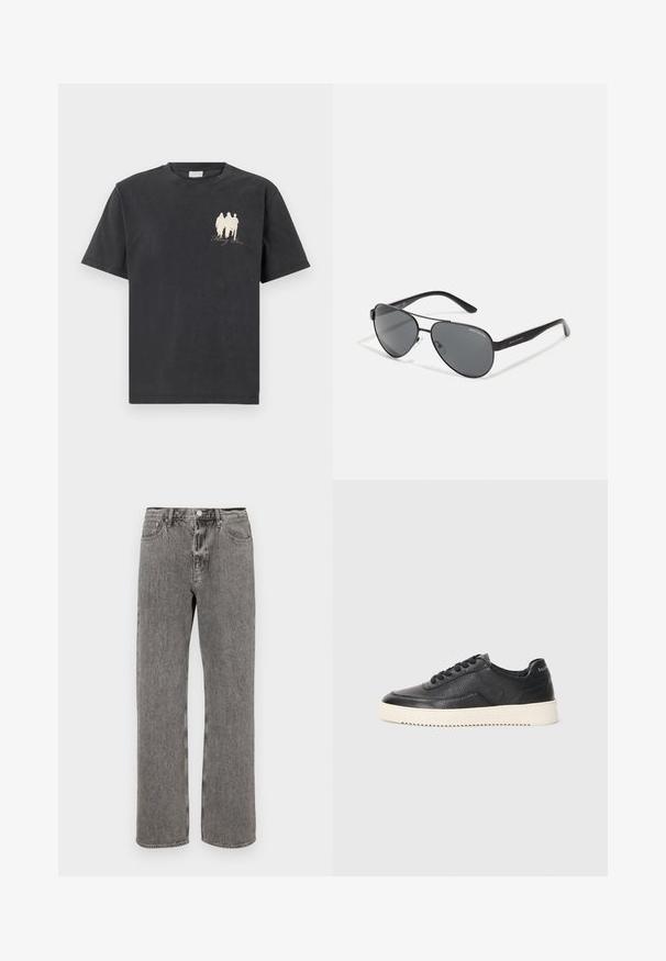 Černé bavlněné tričko s krátkými rukávy, na levé straně s malou bílou grafikou tří postav a textem "Falling Roses".; Šedé denimové džíny s rovnými nohavicemi, pěti-kapsovým designem a knoflíkovým zapínáním v pase. Diskrétní zesvětlená textura po celém povrchu.; Černé kožené tenisky s texturovaným povrchem, kulatou špičkou a plochou bílou gumovou podrážkou. Obsahují černé tkaničky a branding na patě.; Černé pilotní sluneční brýle s tmavými skly, tenkým kovovým rámem a štíhlými plastovými stranami s akcenty loga.