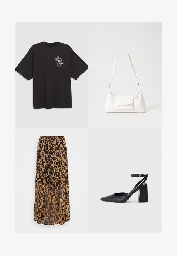 Melna kokvilnas T-kreklu ar īsām piedurknēm, ar roku grafiku un tekstu "Levi's LA LUNE" baltā krāsā kreisajā krūtīs.; Leoparda raksta maxi svārki brūnās un melnās krāsās, izgatavoti no viegla auduma ar plūstošu dizainu un elastīgu jostasvīru.; Melna ādas augstpapēžu kurpe ar norakstīto purngala formu, potītes siksniņu un masīlu papēdi. Gluda tekstūra, elegants dizains un minimālisma estētika.; Balta sintētiska soma ar trīsstūrveida formu, plakanu priekšējo vāciņu un loku detaļu, regulējamu siksnu, gludu tekstūru un minimālistisku dizainu.