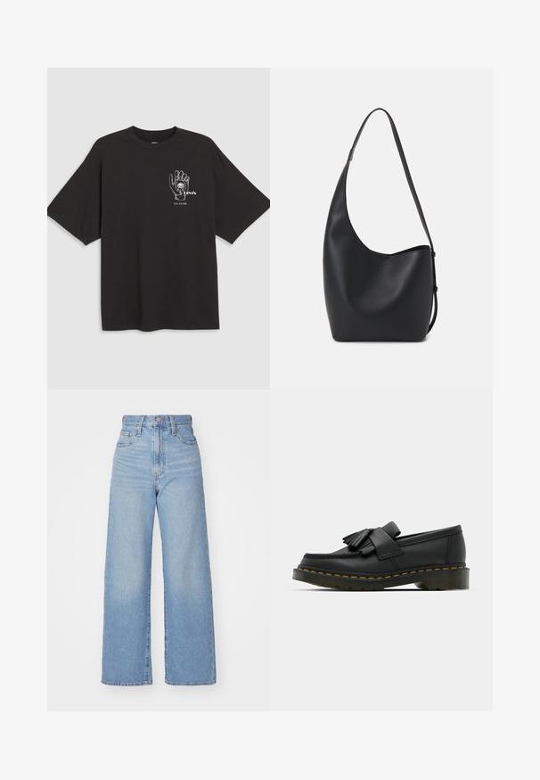 Black cotton t-shirt with short sleeves, featuring a hand graphic and text "Levi's LA LUNE" in white on the left chest area.; Light blue high-waist wide-leg jeans with front button and zip closure, front and back pockets, on a white background.; Black leather loafers with a rounded toe, featuring a fringed detail and a decorative band across the front, set on a chunky heel.; Black leather hobo bag with a smooth texture, curved shape, and single adjustable strap; features a wide opening at the top.