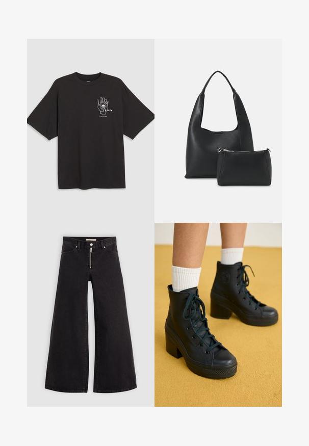 Fekete pamut póló rövid ujjal, bal mellkasán kézi grafikával és fehér "Levi's LA LUNE" felirattal.; Fekete denim széles szárú farmer, cipzáros elejével, öt zsebes kialakítással és diszkrét varrással. Sima textúra és laza stílus.; Fekete magasszárú sportcipők textúrált felülettel, fűzős kialakítással, gumírozott orral és vastag talppal, fehér bordázott zoknikkal párosítva.; Even&Odd Kézitáska - black