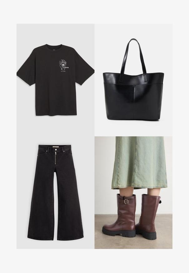 Must mustaga T-särk lühikeste käistega, millel on käe graafika ja valge tekst "Levi's LA LUNE" vasakul rinna piirkonnas.; Laiad teksad mustast denimist, millel on lukuga eesmine osa, viie taskuga disain ja peened õmblusdetailid. Sile tekstuur ja juhuslik stiil.; Pruunid nahast põlvini ulatuvad saapad tekstuuriga viimistlusega, külgmise pannaliga detail ja jämedad mustad kummitaldad.; Must mustaga musta nahast, millel on kaks pikka kanda, sile tekstuur ja struktureeritud kuju. Esipoolsel on lisakoti jaoks tasku.