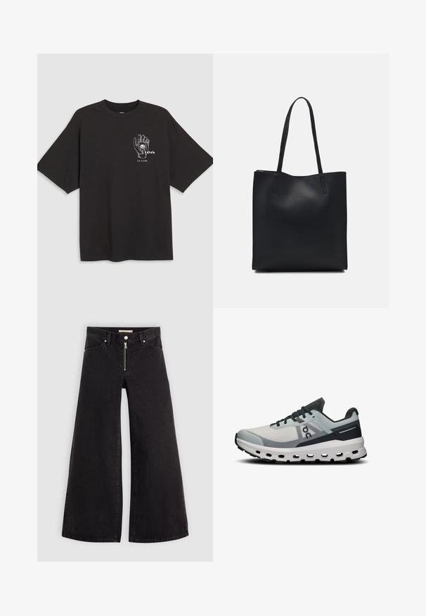Schwarzes Baumwoll-T-Shirt mit kurzen Ärmeln, mit einem Handgrafik und dem Text "Levi's LA LUNE" in Weiß auf der linken Brustseite.; Schwarze Denim-Jeans mit weitem Bein, Reißverschluss vorne, Fünf-Taschen-Design und dezenten Stickdetails. Glatte Textur und lässiger Stil.; Laufschuh mit einem hellgrauen Mesh-Obermaterial, dunkelblauen Akzenten und einer dicken weißen Zwischensohle mit Ausschnitten. Die Schnürsenkel sind dunkelgrau.; Schwarze Laptoptasche aus Leder mit glatter Textur, rechteckiger Form und zwei langen Griffen. Keine sichtbaren Beschläge oder Verzierungen.