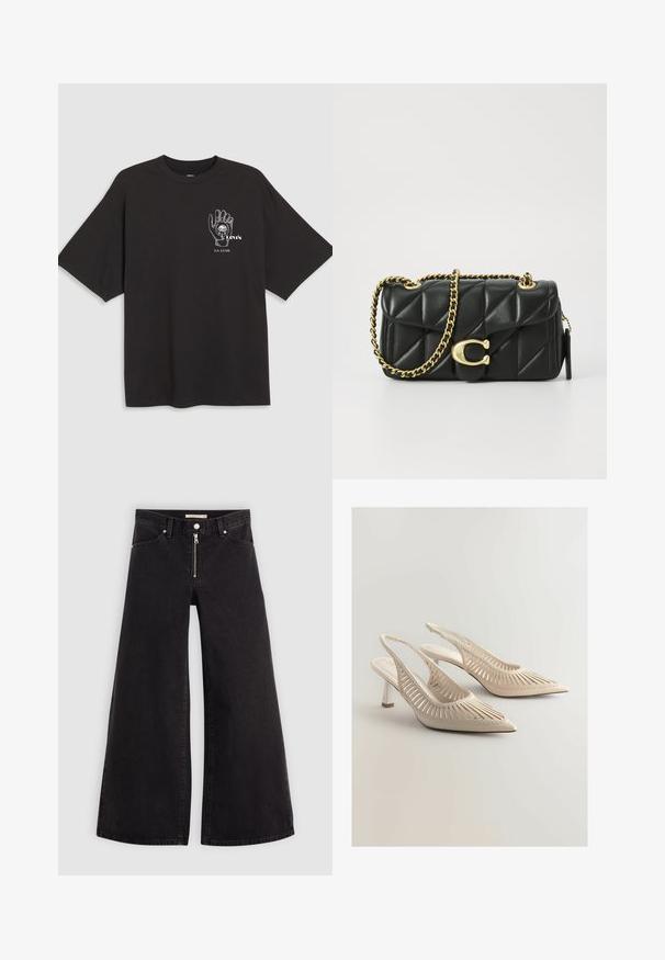 T-shirt in cotone nero con maniche corte, che presenta una grafica a mano e la scritta "Levi's LA LUNE" in bianco nella zona sinistra del petto.; Jeans a gamba larga in denim nero con chiusura a zip, design a cinque tasche e dettagli di cucitura sottili. Texture morbida e stile casual.; Tacchi slingback beige con punta affusolata, caratterizzati da un design a strisce con ritagli, dettagli intrecciati e un piccolo tacco a blocco. Finitura di superficie liscia.; Borsa a tracolla in pelle nera trapuntata con una catena dorata e un fermaglio a scatto con un accento circolare. Forma rettangolare compatta.