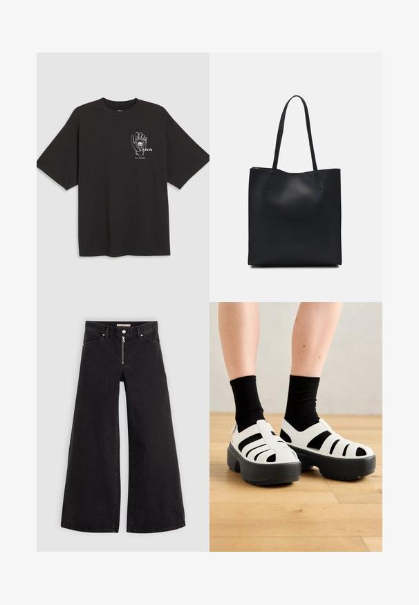 T-shirt de algodão preto com mangas curtas, apresentando uma ilustração de mão e o texto "Levi's LA LUNE" em branco na área do peito esquerdo.; Calças de ganga de perna larga em denim preto com fecho éclair à frente, design de cinco bolsos e detalhes de costura subtil. Textura suave e estilo casual.; Sandálias brancas chunky com detalhes pretos, apresentando múltiplos recortes e uma sola preta espessa. Um material texturizado cobre os dedos e os lados.; Bolsa tote preta em couro com textura lisa, forma retangular e duas alças longas. Sem hardware ou enfeites visíveis.