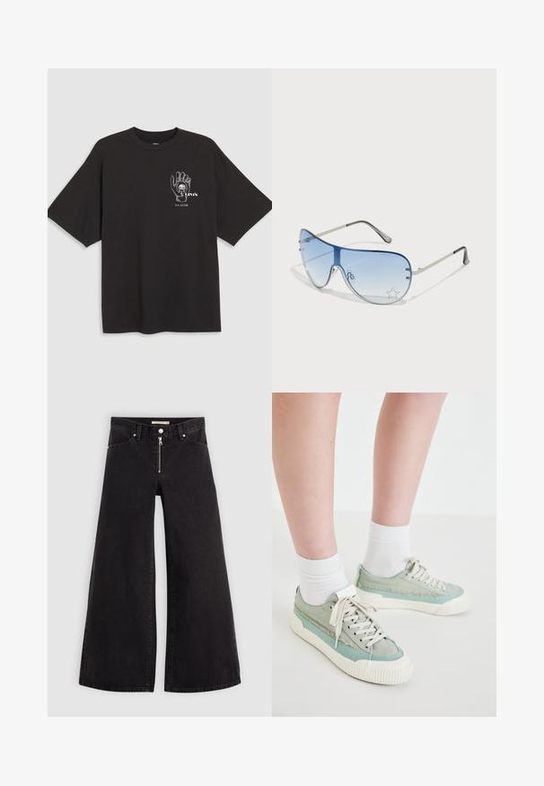 Fekete pamut póló rövid ujjal, bal mellkasán kézi grafikával és fehér "Levi's LA LUNE" felirattal.; Fekete denim széles szárú farmer, cipzáros elejével, öt zsebes kialakítással és diszkrét varrással. Sima textúra és laza stílus.; Világoszöld sportcipők texturált szürke-barna kiegészítővel, fehér fűzőkkel és bordázott elefántcsont színű talppal, fehér zoknikkal viselve. Laposságú, alacsony cipőforma.; Pilóta napszemüveg, melynek áttetsző kék lencséje, ezüst fém kerete és díszes csillag díszítések találhatók a lencsén. Simogató és elegáns dizájn.