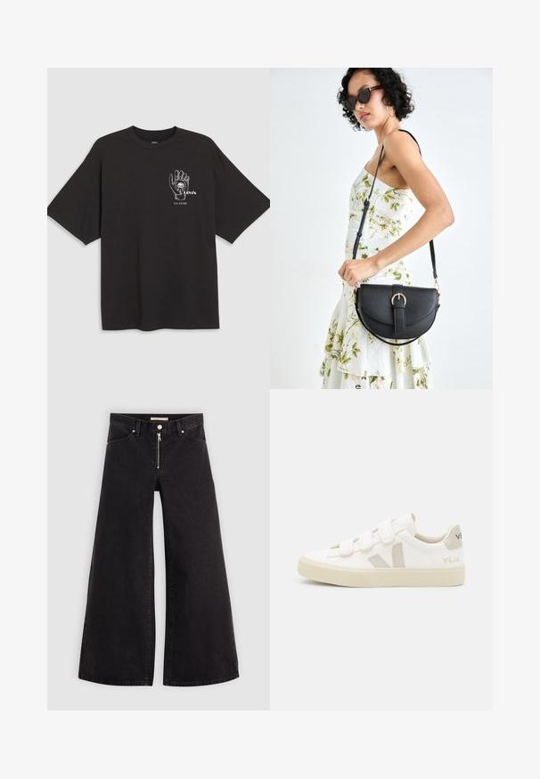 Mustapaita, jossa on lyhyet hihat, kädessä oleva graafinen kuva ja valkoinen teksti "Levi's LA LUNE" vasemmassa rintakohdassa.; Mustat leveälahkeiset farkut, joissa on vetoketjufrunti, viisi-taskuinen muotoilu ja hienovaraiset ompelusyyt. Sileä pinta ja rento tyyli.; Valkoiset tennarit tarranauhoilla, vaaleanruskeat mokkaosat, teksturoidut kumipohjat ja harmaa V-logo. Minimalistinen muotoilu, pyöristetty muoto.; Musta nahkainen käsilaukku, joka on kaareva muotoilultaan, irrotettavalla hihnalla ja kultaisilla yksityiskohdilla. Laukussa on läppä, jossa on solk yksityiskohta.