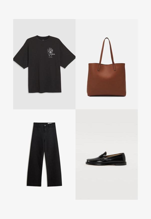 Crna pamučna majica s kratkim rukavima, sa grafikom ruke i tekstom "Levi's LA LUNE" u bijelom na lijevoj strani prsnog dijela.; Crne široke traperice s visokim strukom, s prednjim i stražnjim džepovima, šivenim šavovima i kopčanjem na gumb. Glatka tekstura.; Crne kožne loafers cijevnog oblika s zaobljenim prstom, ukrasnim šavovima i ravnim đonom. Glatka tekstura i minimalistički dizajn.; Smeđa kožna torba preko ramena s glatkom teksturom, otvorenim vrhom i dvjema naramenicama. Ima minimalne šavove i nema vidljivog hardvera.