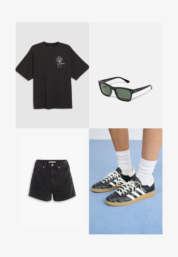 Tricou din bumbac negru cu mâneci scurte, având un grafic al unei mâini și textul "Levi's LA LUNE" în alb pe zona stângă a pieptului.; Shorts din denim negri cu talie înaltă, cu două buzunare în față, două buzunare în spate și detalii din metal de culoare argintie. Textură netedă, ușor uzată.; Adidași din piele neagră cu dungi albe, vârful rotund, șireturi albe și talpă din cauciuc natural. Accentuați de un guler căptușit și detalii de brand.; Ochelari de soare dreptunghiulari negri cu lentile verzi închise, confectionați din plastic, având detalii din metal aproape de lentile și logo-ul brandului pe bratul ochelarilor.